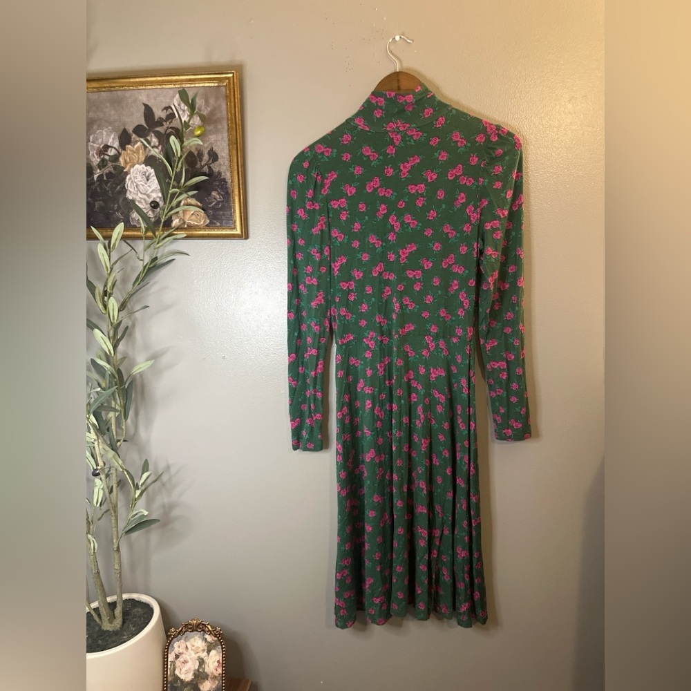 ModCloth Green Pink Rose Floral Mock Neck Dress Medium Long Sleeve Cottagecore - Picture 6 of 9